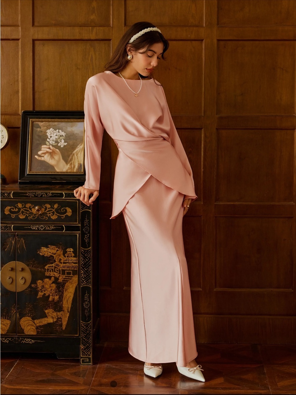NWT CIDER SATIN BOAT NECK ASYMMETRICAL HEM TOP & MAXI SKIRT SET - Picture 6 of 16